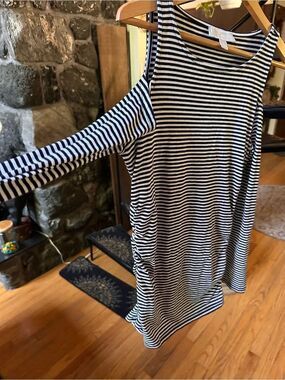 Michael Kors Black and White Striped open shoulder and side zipper